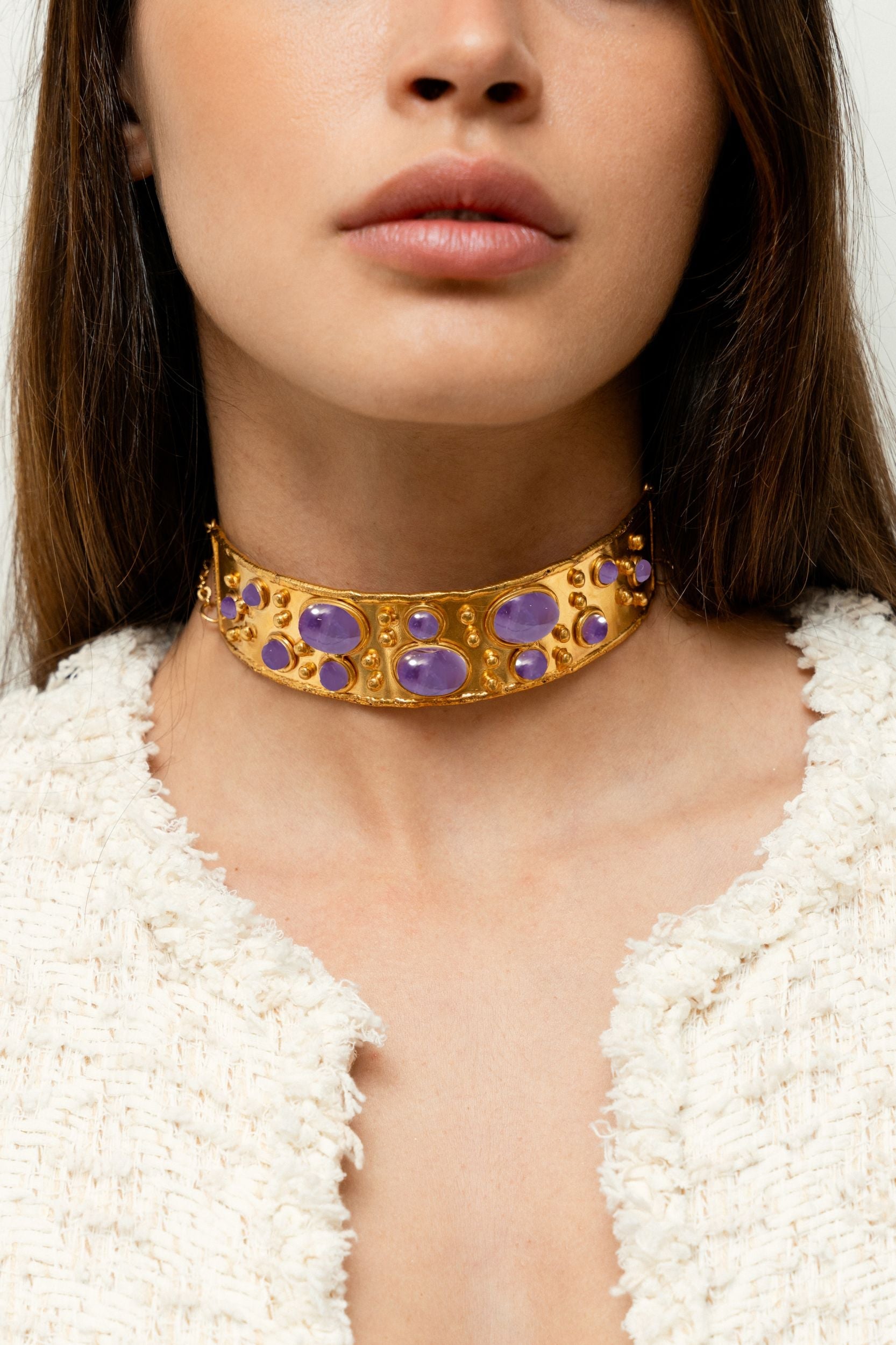 Collier choker Byzance doré à l'or fin et Améthyste - Violet