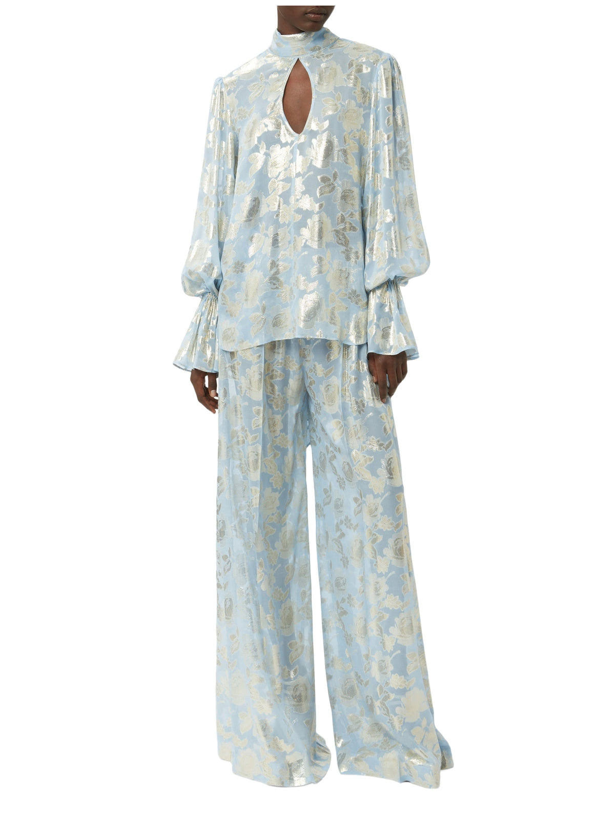 Floral Silk Palazzo Trousers - Light Blue