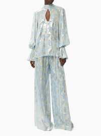 PANTALON PALAZZO À FLEURS - Bleu Clair