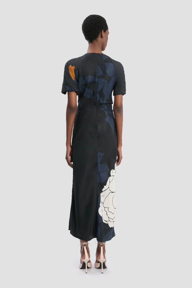 Split Hem Detail Midi Dress - Dark Navy / Pale Rose