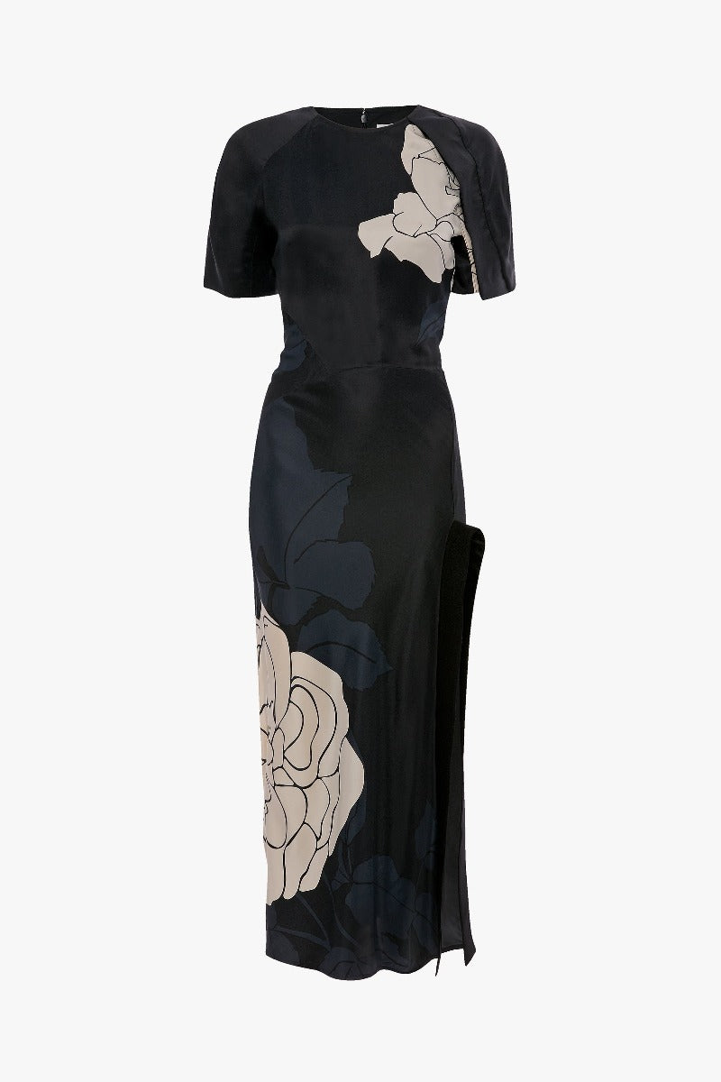 Split Hem Detail Midi Dress - Dark Navy / Pale Rose