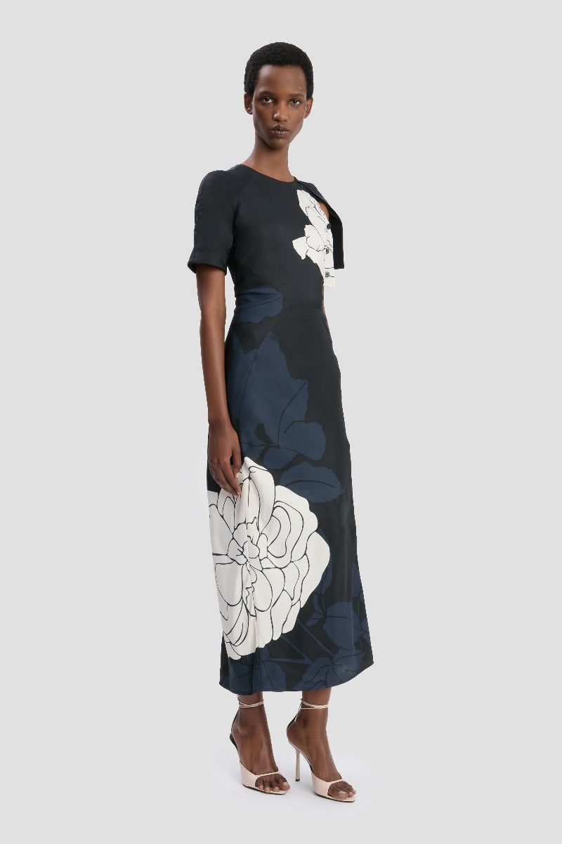 Split Hem Detail Midi Dress - Dark Navy / Pale Rose