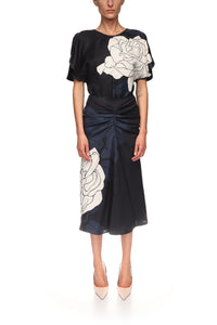 Gathered Waist Midi Skirt - Dark Navy / Pale Rose