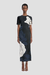 Split Hem Detail Midi Dress - Dark Navy / Pale Rose