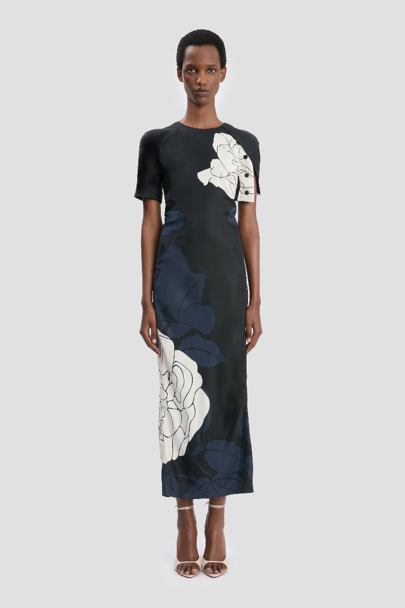 Split Hem Detail Midi Dress - Dark Navy / Pale Rose