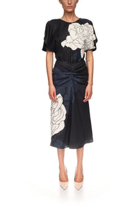 Gathered Waist Midi Skirt - Dark Navy / Pale Rose