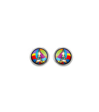 Enamel and rhodium cabochon earrings - Red & pink & blue