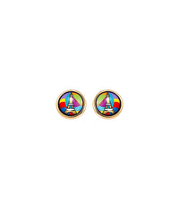 Enamel and gold-plated cabochon earrings - Red & pink & blue