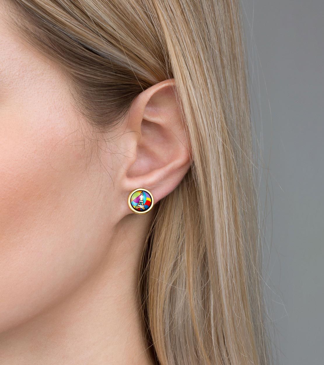 Enamel and gold-plated cabochon earrings - Red & pink & blue