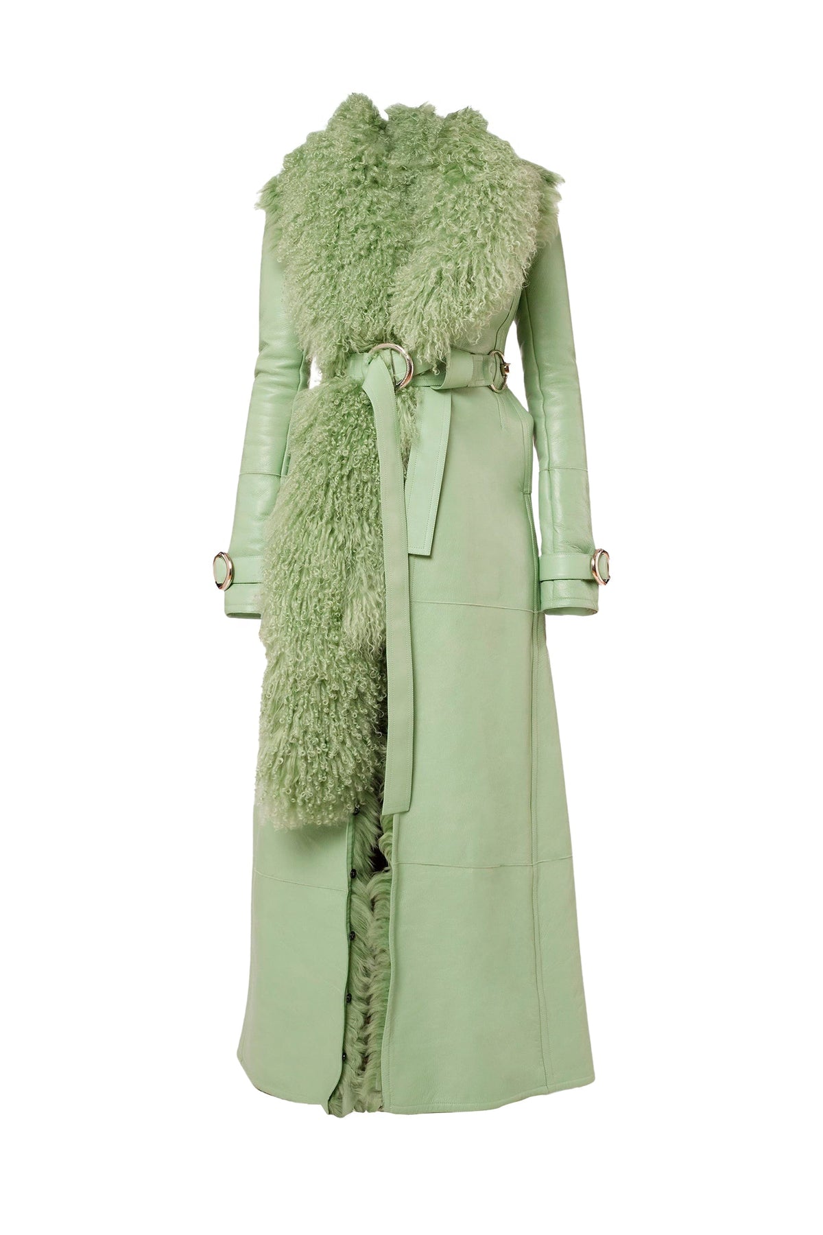 Manteau long en peau lainée à col en fourrure - Almond