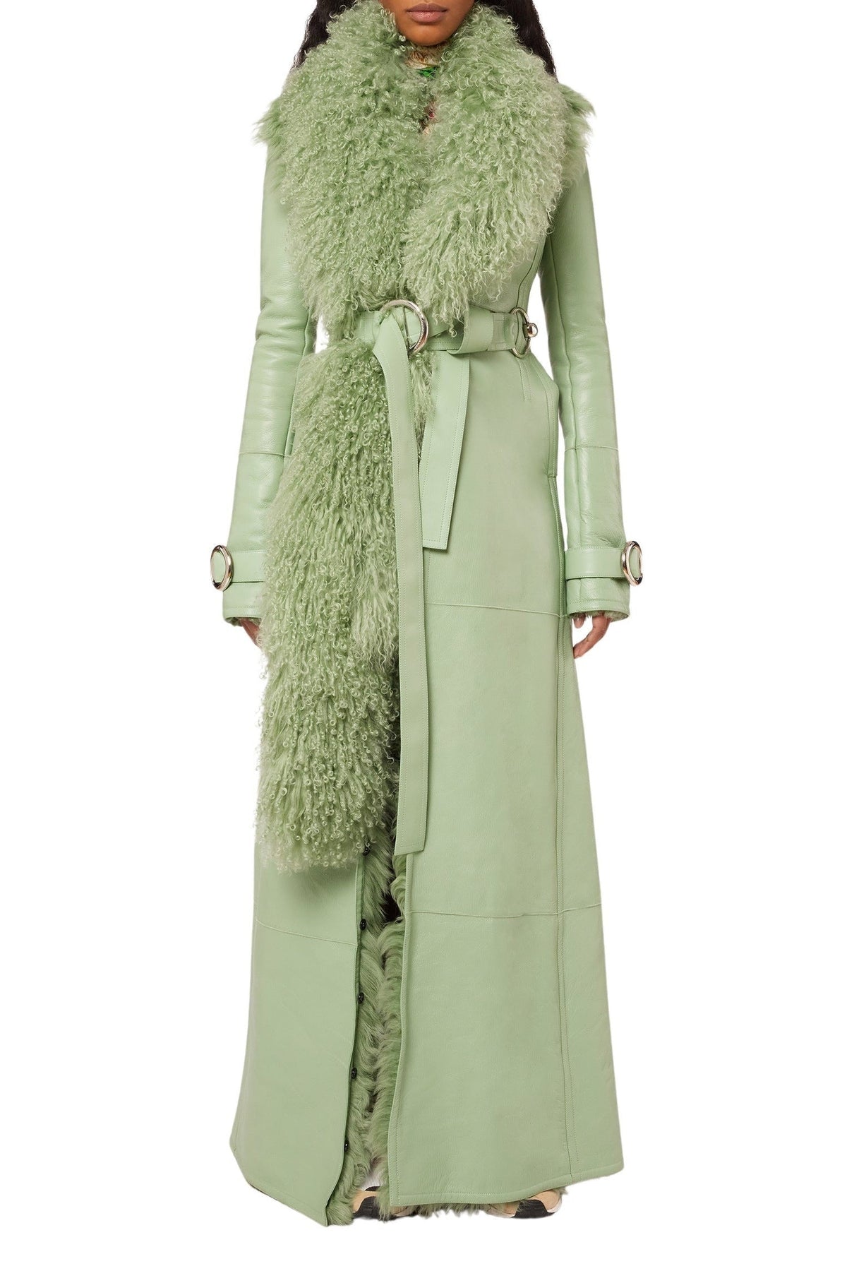 Manteau long en peau lainée à col en fourrure - Almond