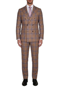 Blazer croisé à motif carreaux en soie - Marron & Bleu