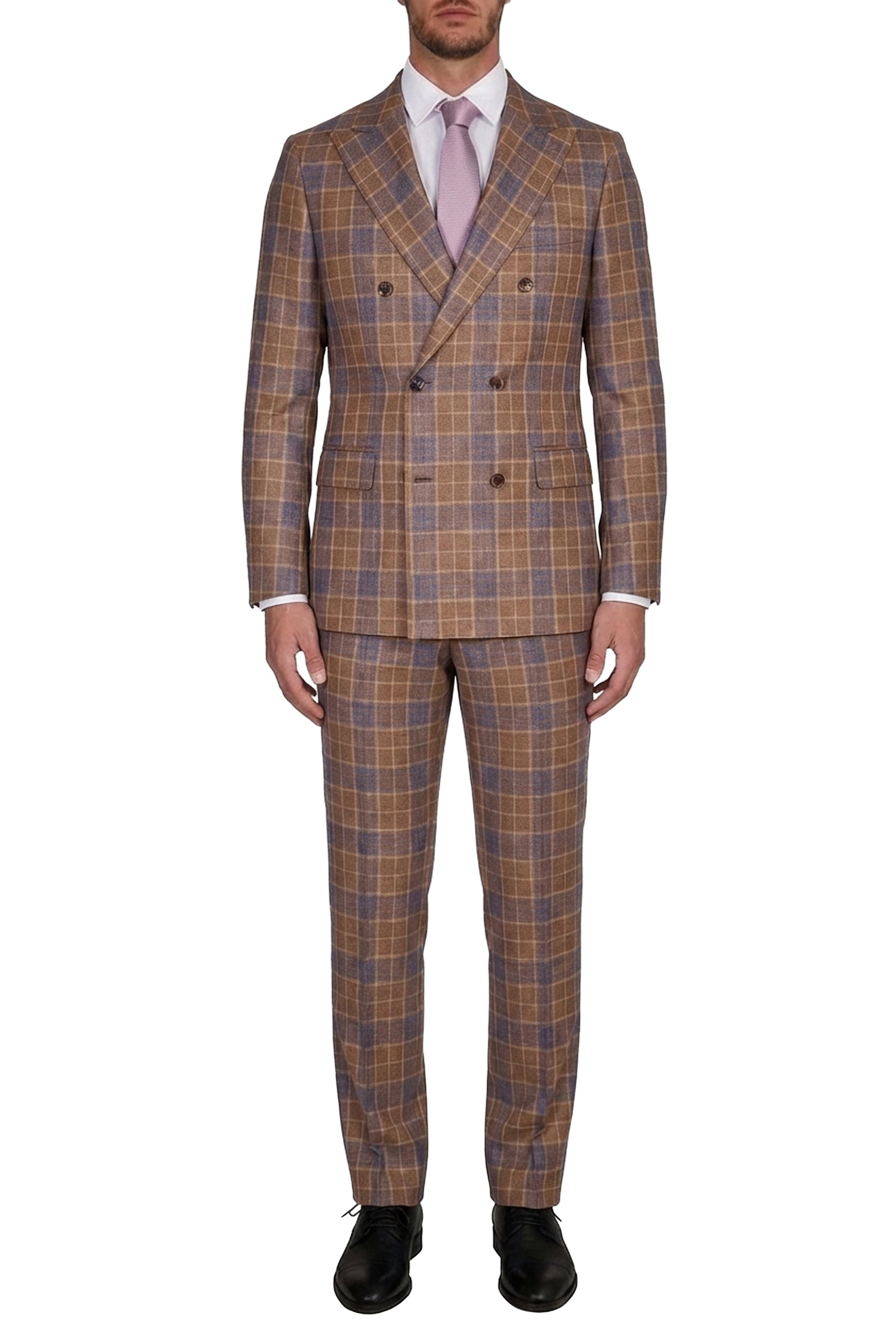 Blazer croisé à motif carreaux en soie - Marron & Bleu