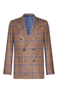 Blazer croisé à motif carreaux en soie - Marron & Bleu
