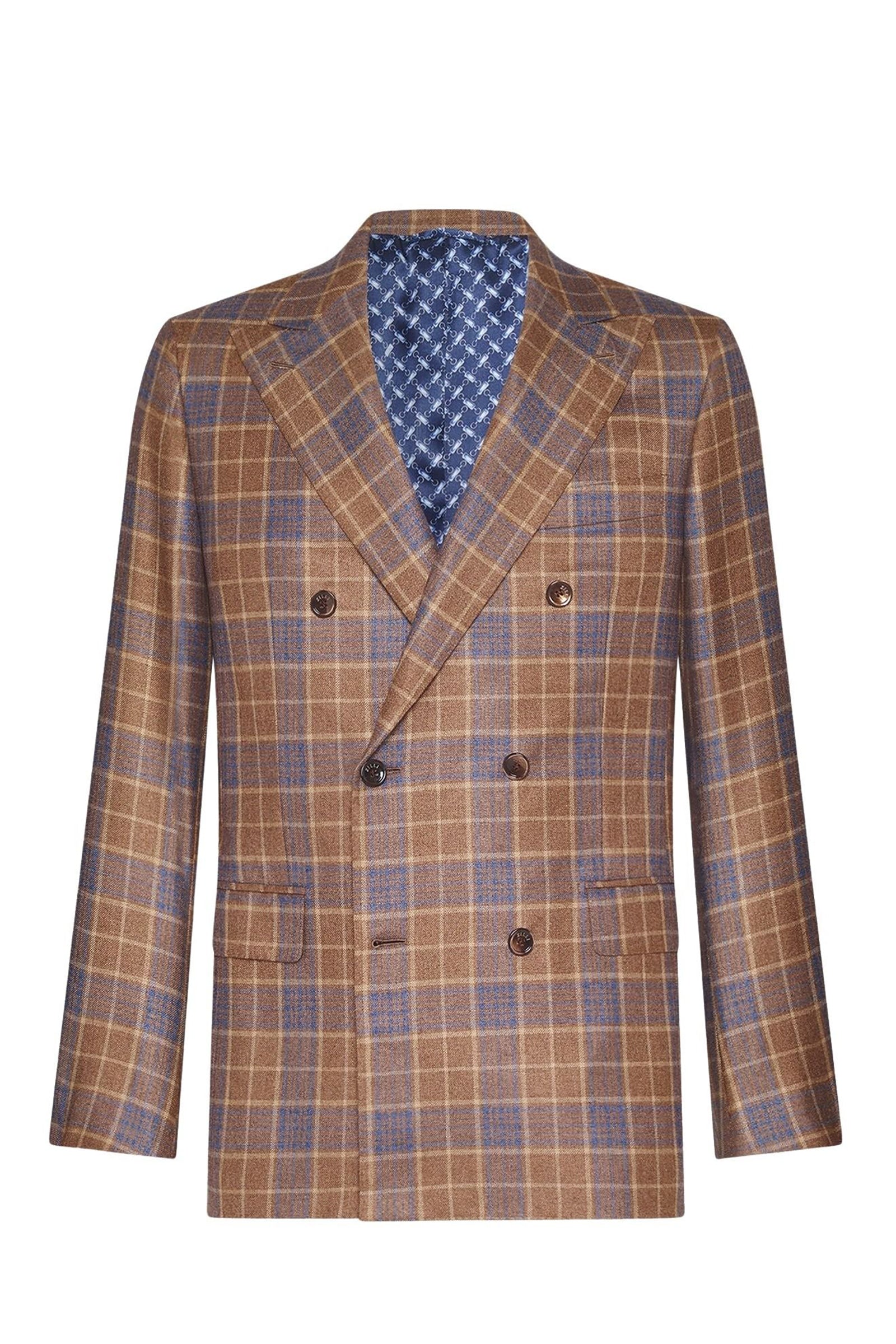 Blazer croisé à motif carreaux en soie - Marron & Bleu