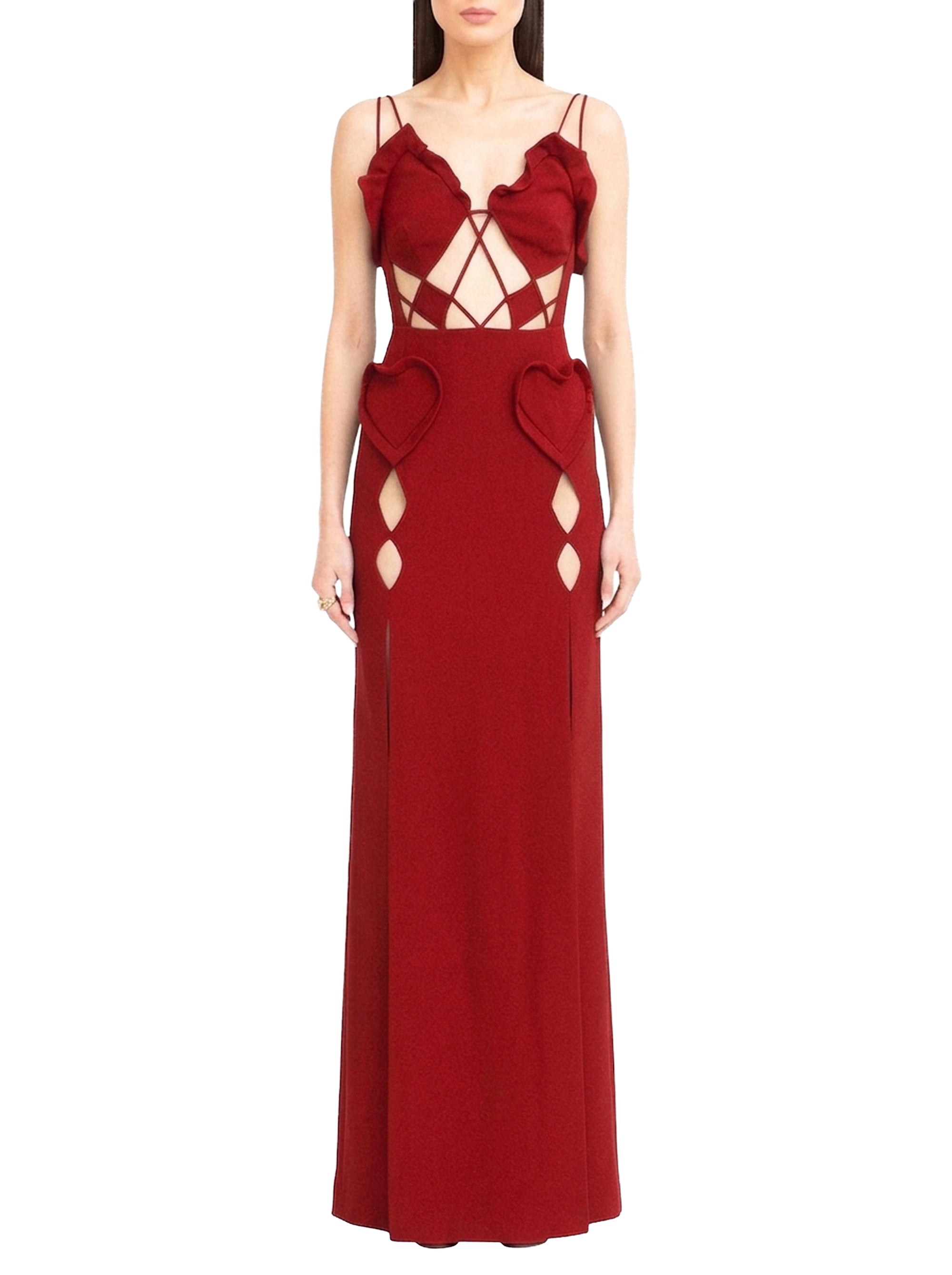 Maxi dress with ruffled neckline and cut-outs - Chinese Red