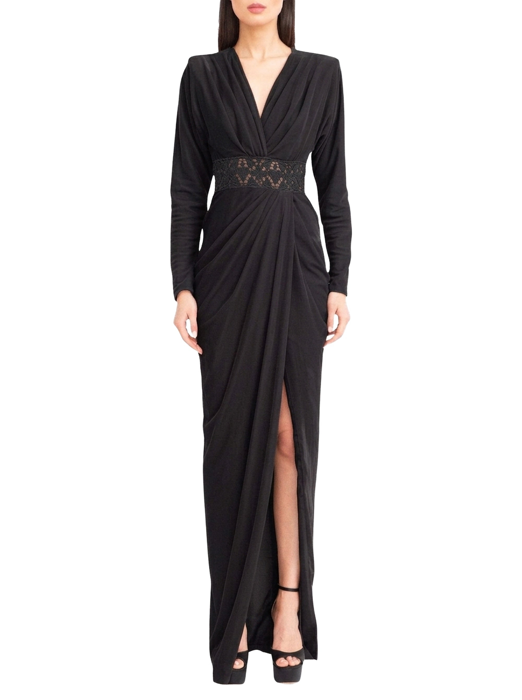 Robe longue froncée à empiècement en dentelle - Raven