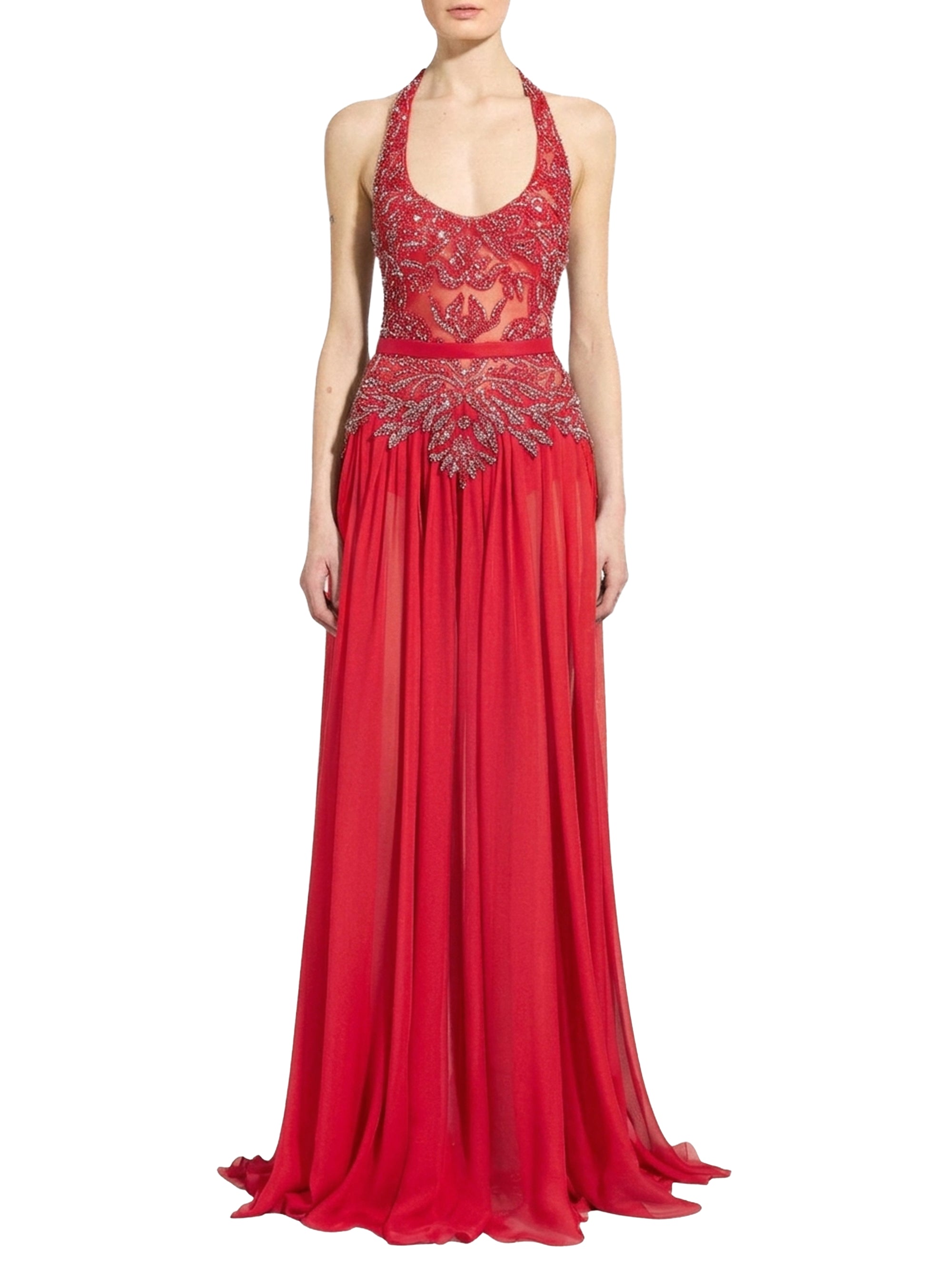 Robe longue brodée perles et sequins en soie - Bright Rose