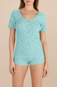 T-shirt avec col Ryan en lurex et dentelle - Aqua