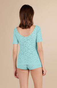 T-shirt avec col Ryan en lurex et dentelle - Aqua