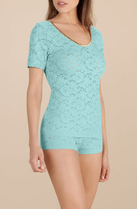 T-shirt avec col Ryan en lurex et dentelle - Aqua