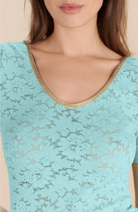 T-shirt avec col Ryan en lurex et dentelle - Aqua