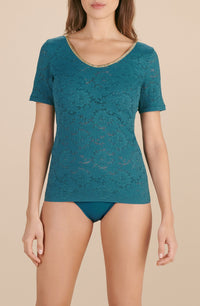 T-shirt with Ryan collar in lurex and lace - Persian