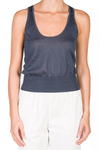 Linen ribbed hem tank top - Dark Indigo