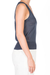 Linen ribbed hem tank top - Dark Indigo