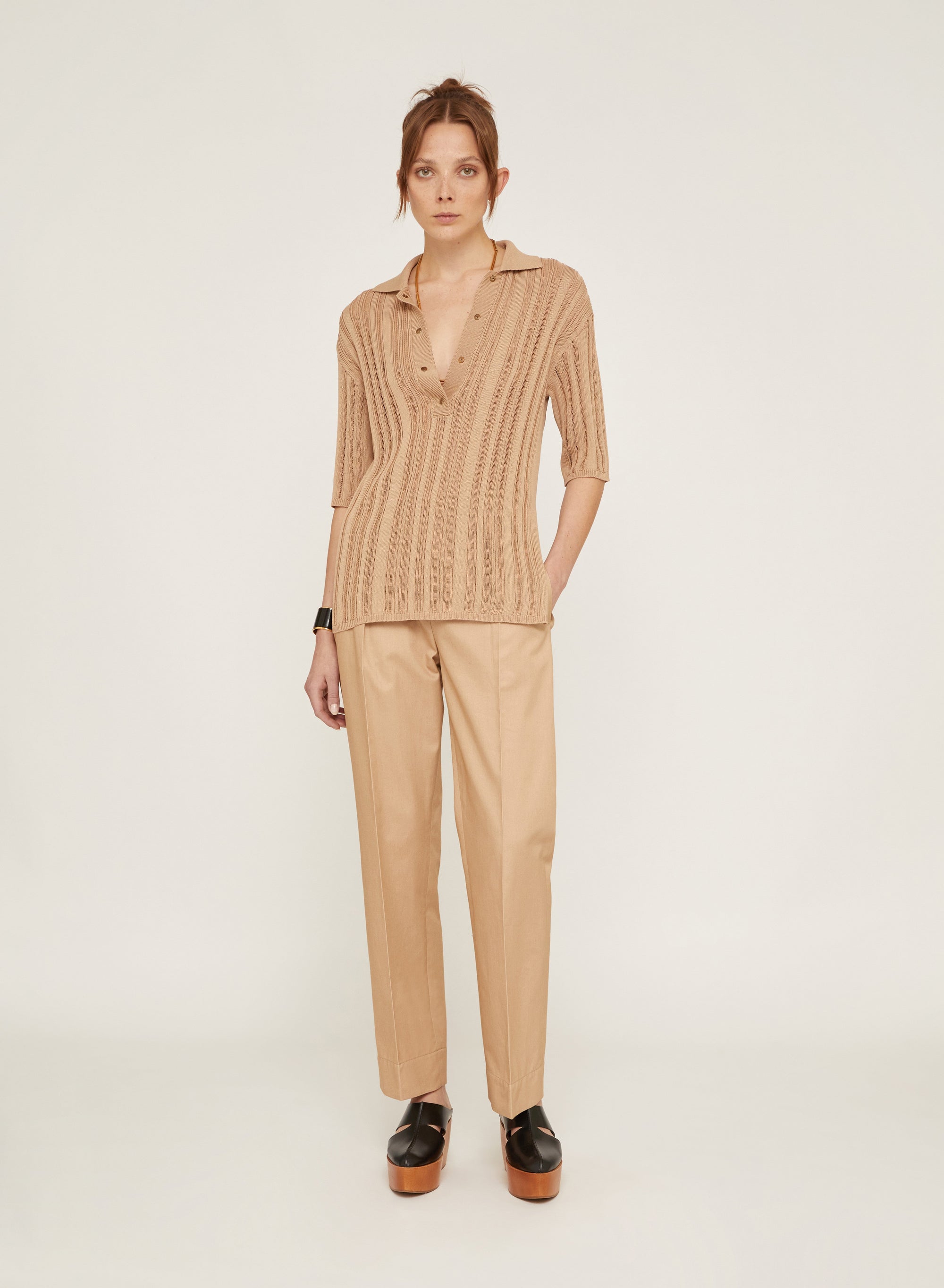 Polo à rayures ajourées et côtelées en soie - Perla