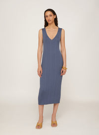 Jeans_1QTY // Robe midi côtelée col V en soie mélangée - Jeans