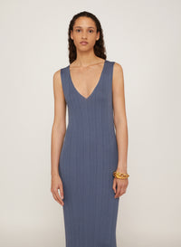 Jeans_1QTY // Robe midi côtelée col V en soie mélangée - Jeans