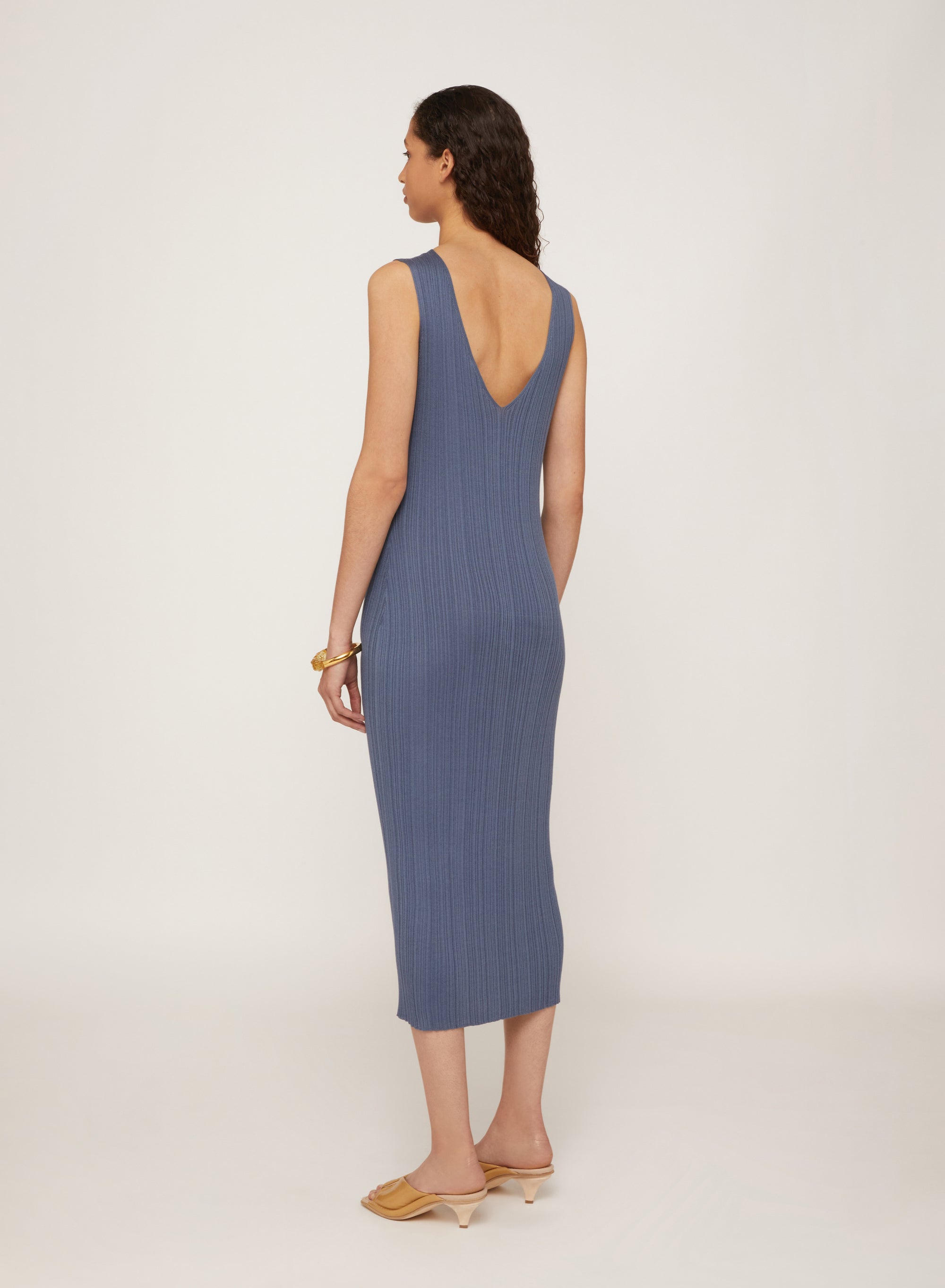 Jeans_1QTY // Robe midi côtelée col V en soie mélangée - Jeans