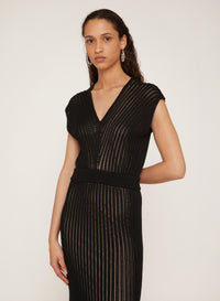 Nero_1QTY // Robe longue à maille ajourée et franges en soie - Nero