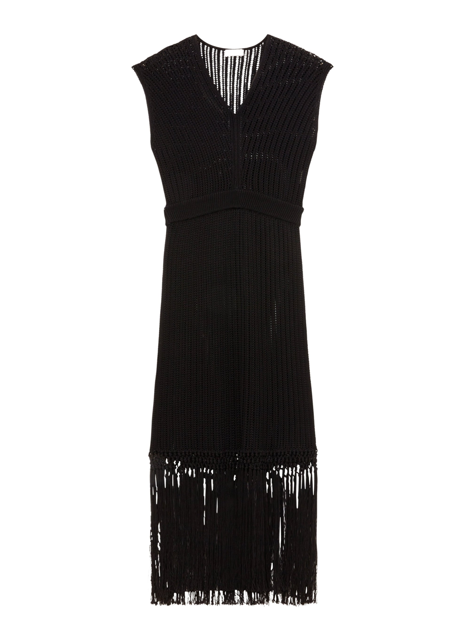 Nero_1QTY // Robe longue à maille ajourée et franges en soie - Nero