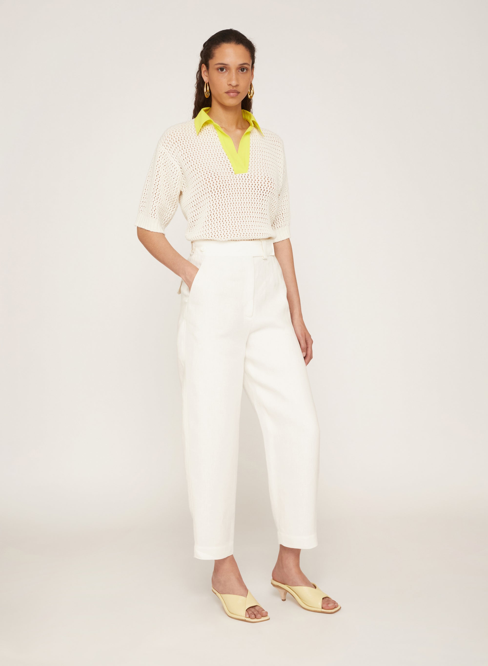 Bianco_3QTY // Pantalon court à coupe ample en lin - Bianco