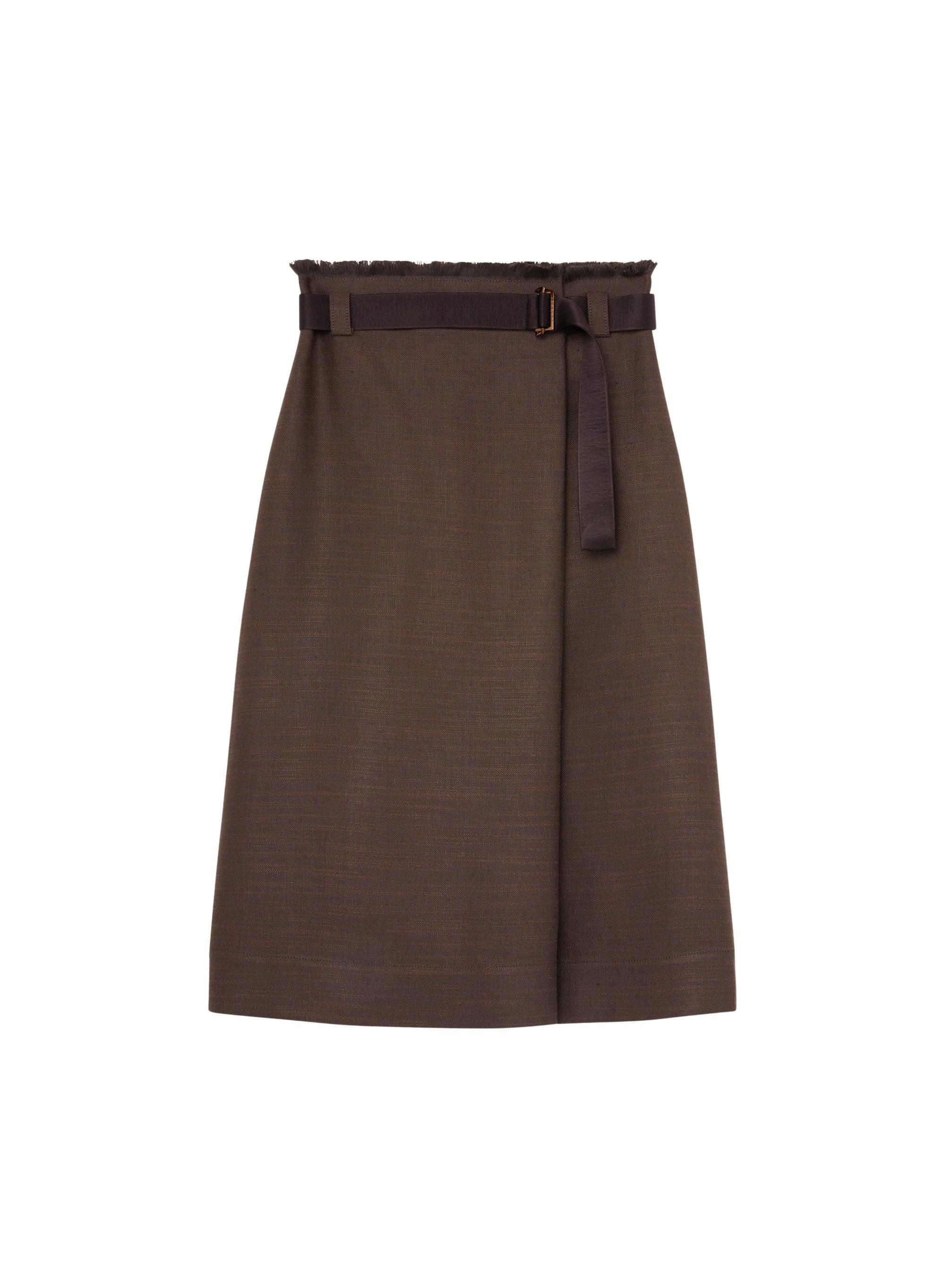 Cacao_1QTY // Jupe midi portefeuille ceinturée en lin - Cacao