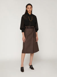 Cacao_1QTY // Jupe midi portefeuille ceinturée en lin - Cacao