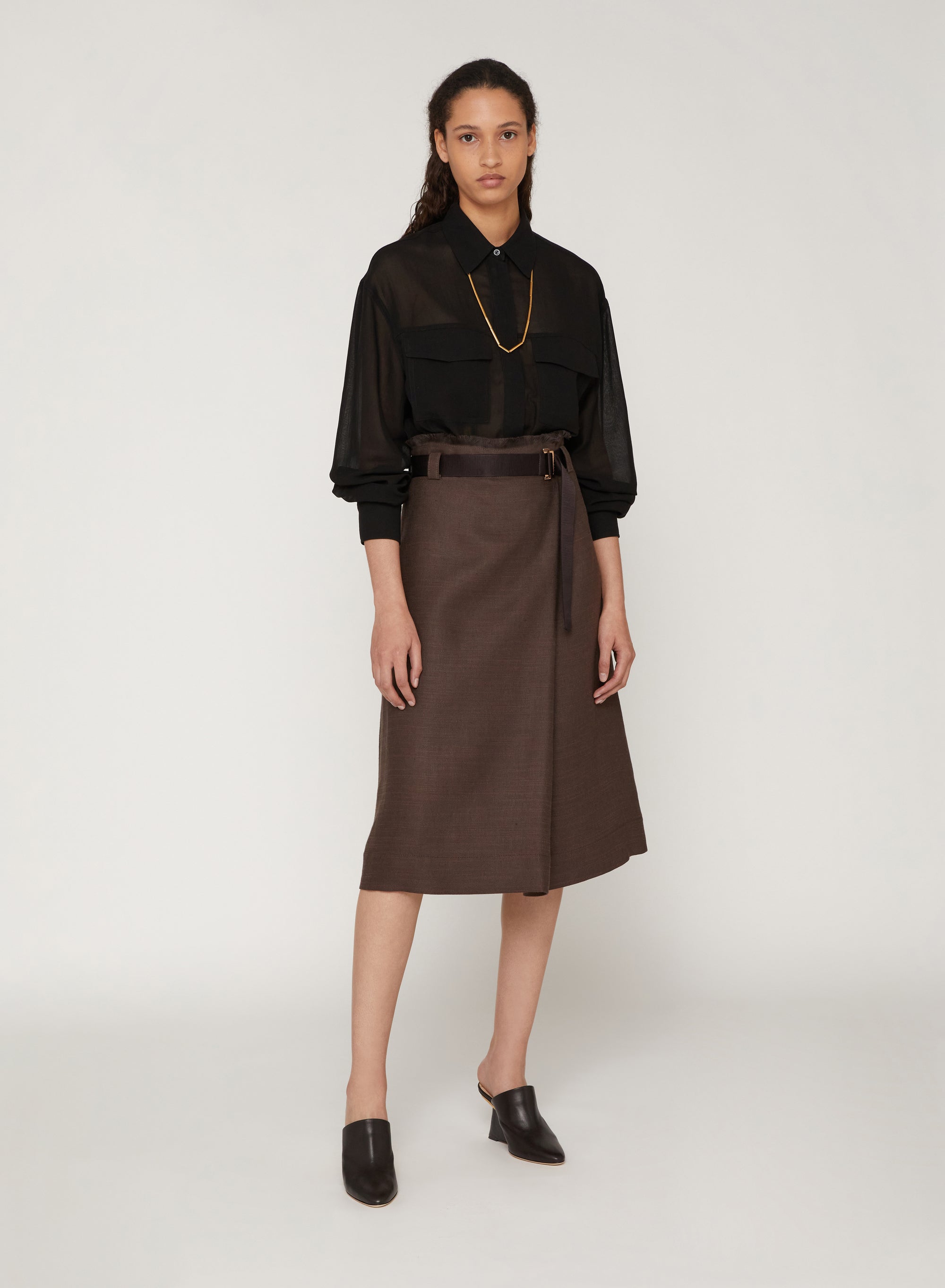 Cacao_1QTY // Jupe midi portefeuille ceinturée en lin - Cacao