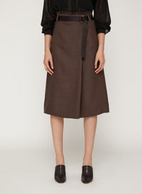 Cacao_1QTY // Jupe midi portefeuille ceinturée en lin - Cacao