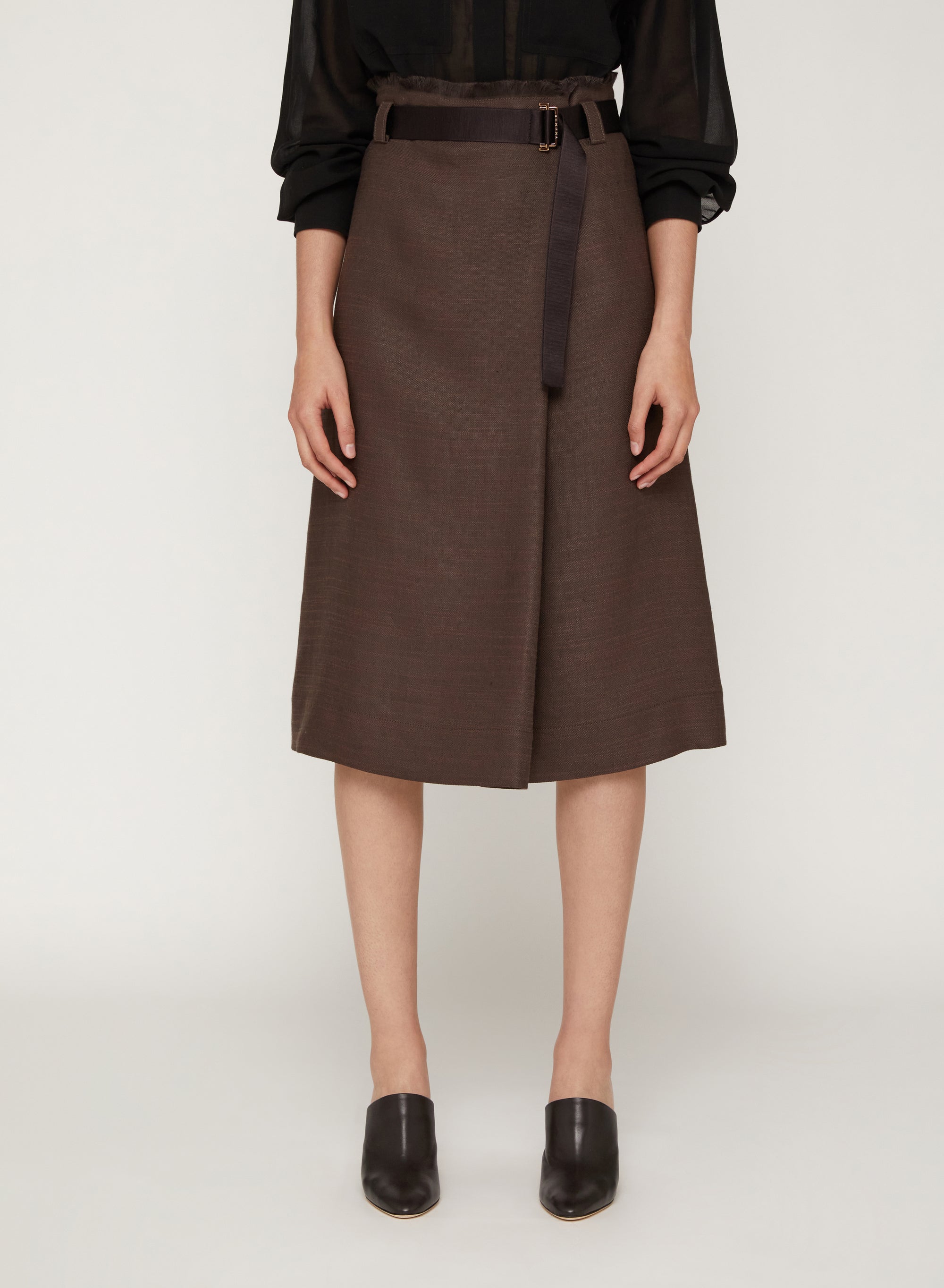 Cacao_1QTY // Jupe midi portefeuille ceinturée en lin - Cacao