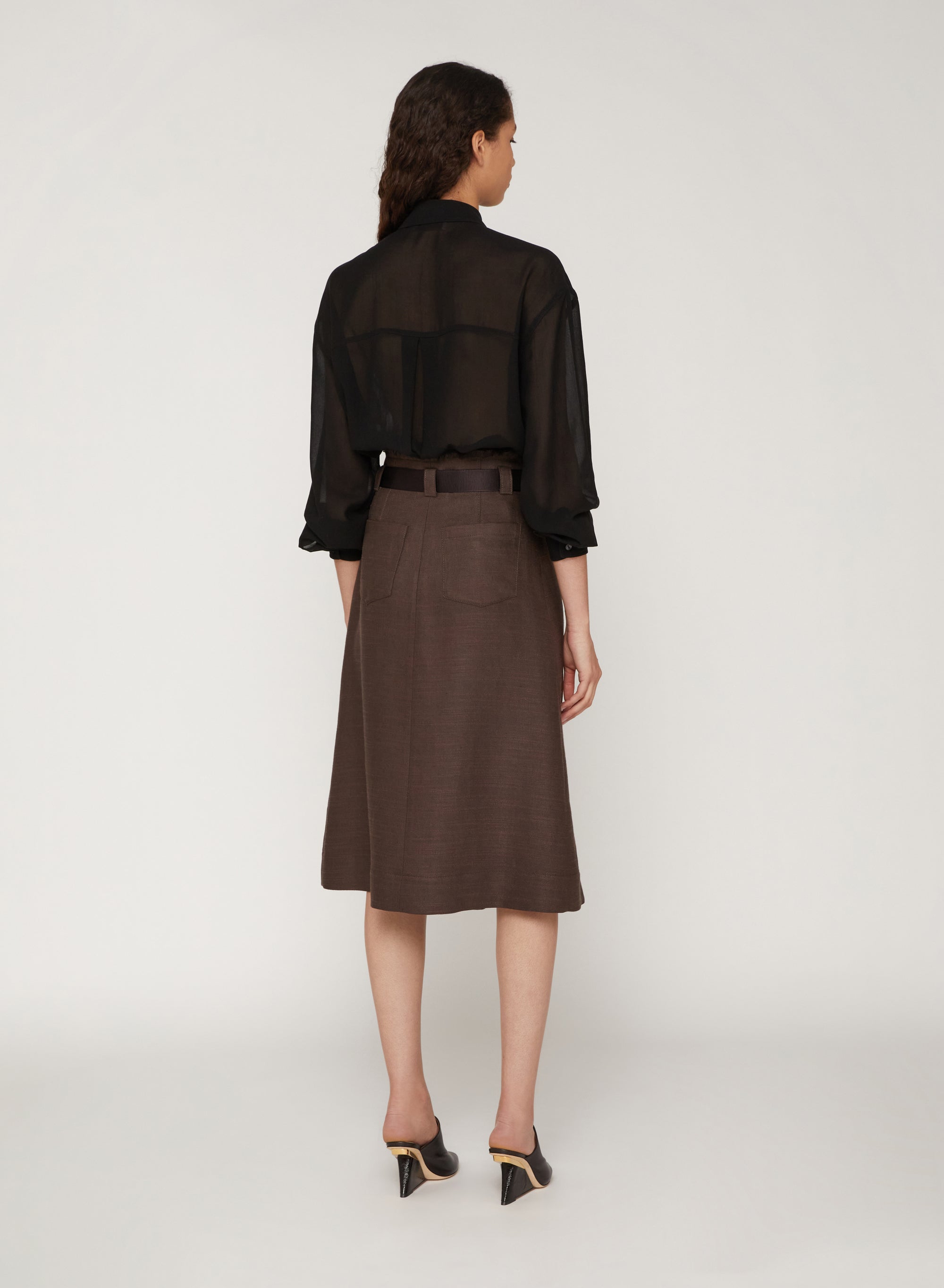 Cacao_1QTY // Jupe midi portefeuille ceinturée en lin - Cacao