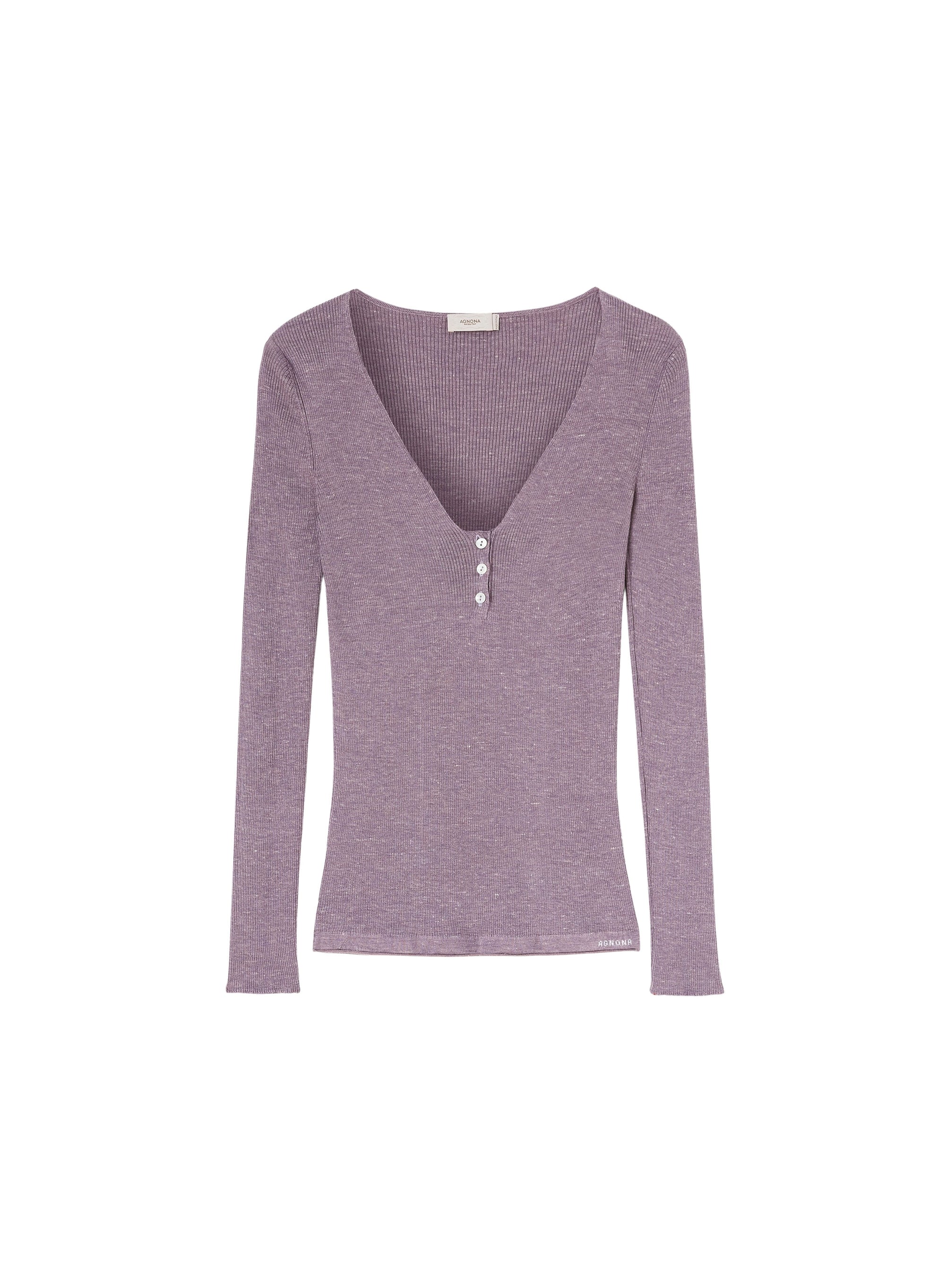 Glicine_1QTY // Haut Henley à effet chiné côtelé en laine et soie - Glicine