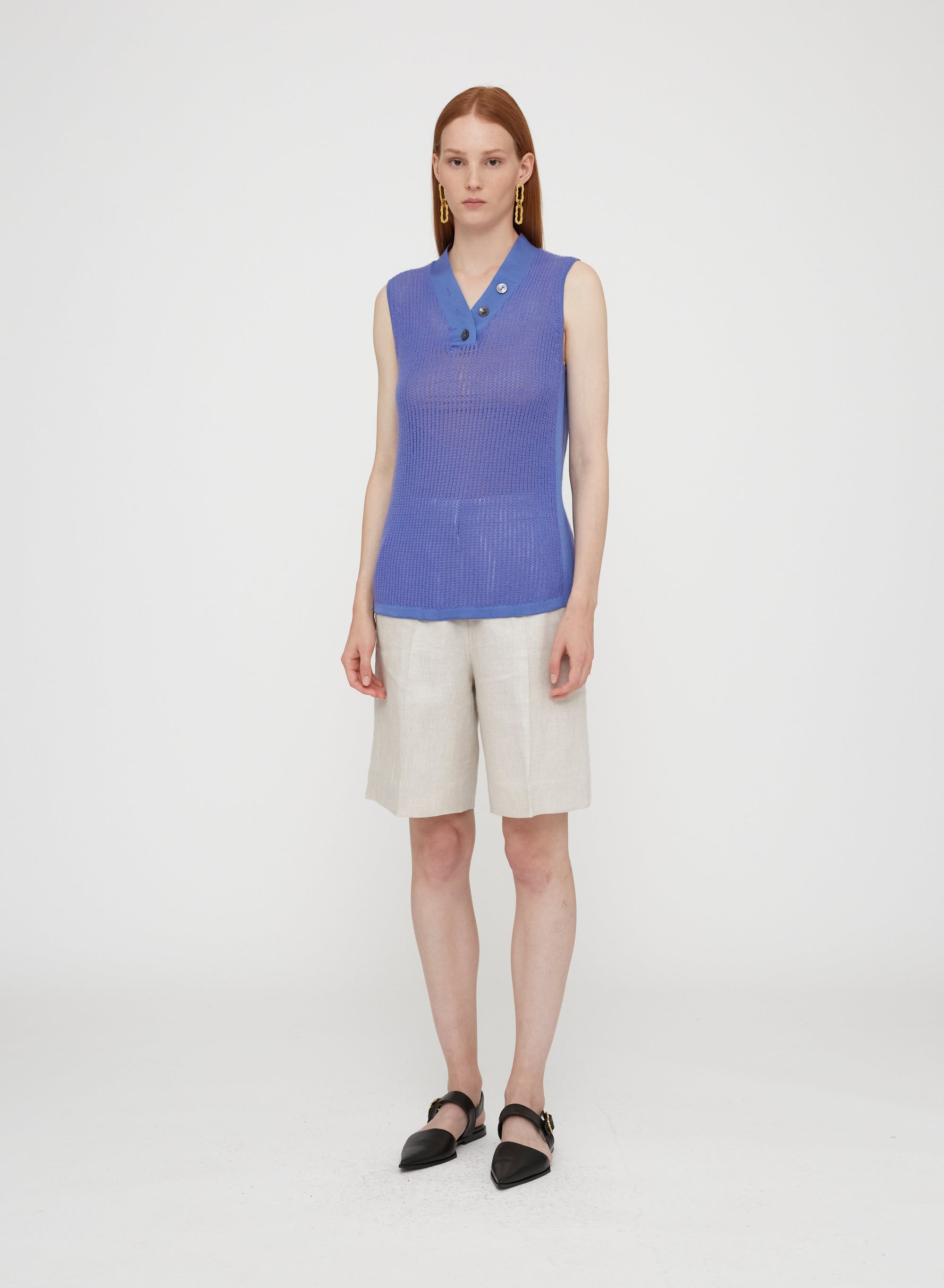 Ribbed V-neck sleeveless jumper in wool - Stone