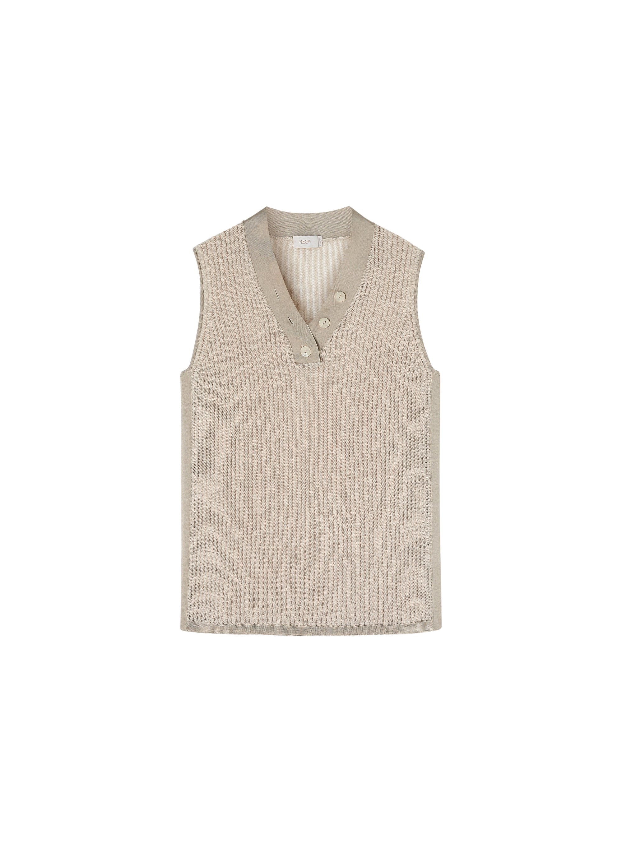 Stone_4QTY // Pull sans manche côtelé à col V en laine - Stone