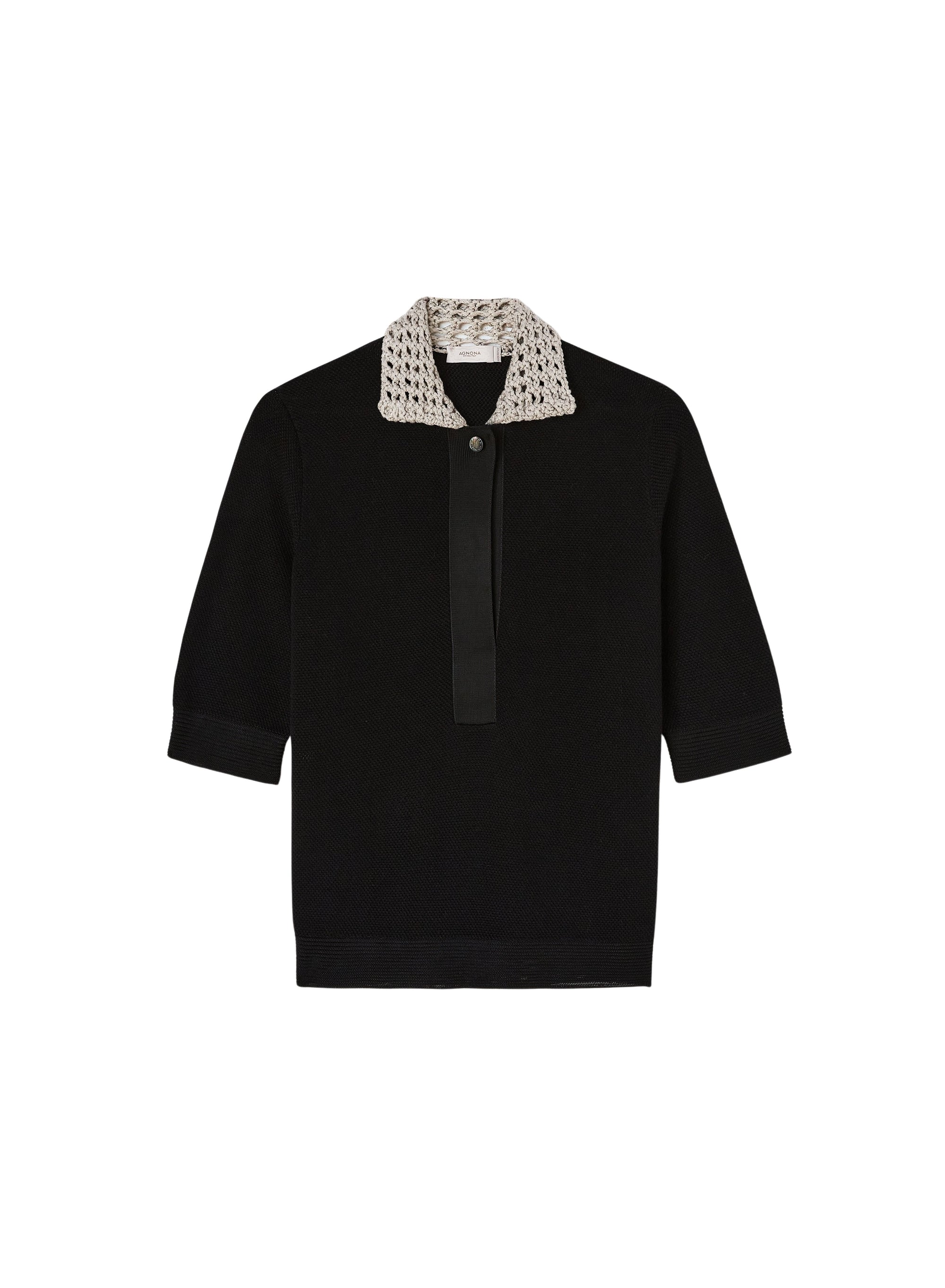 Black_1QTY // Pull polo col crocheté en soie - Black
