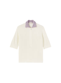 White_1QTY // Pull polo col crocheté ajouré en soie - White