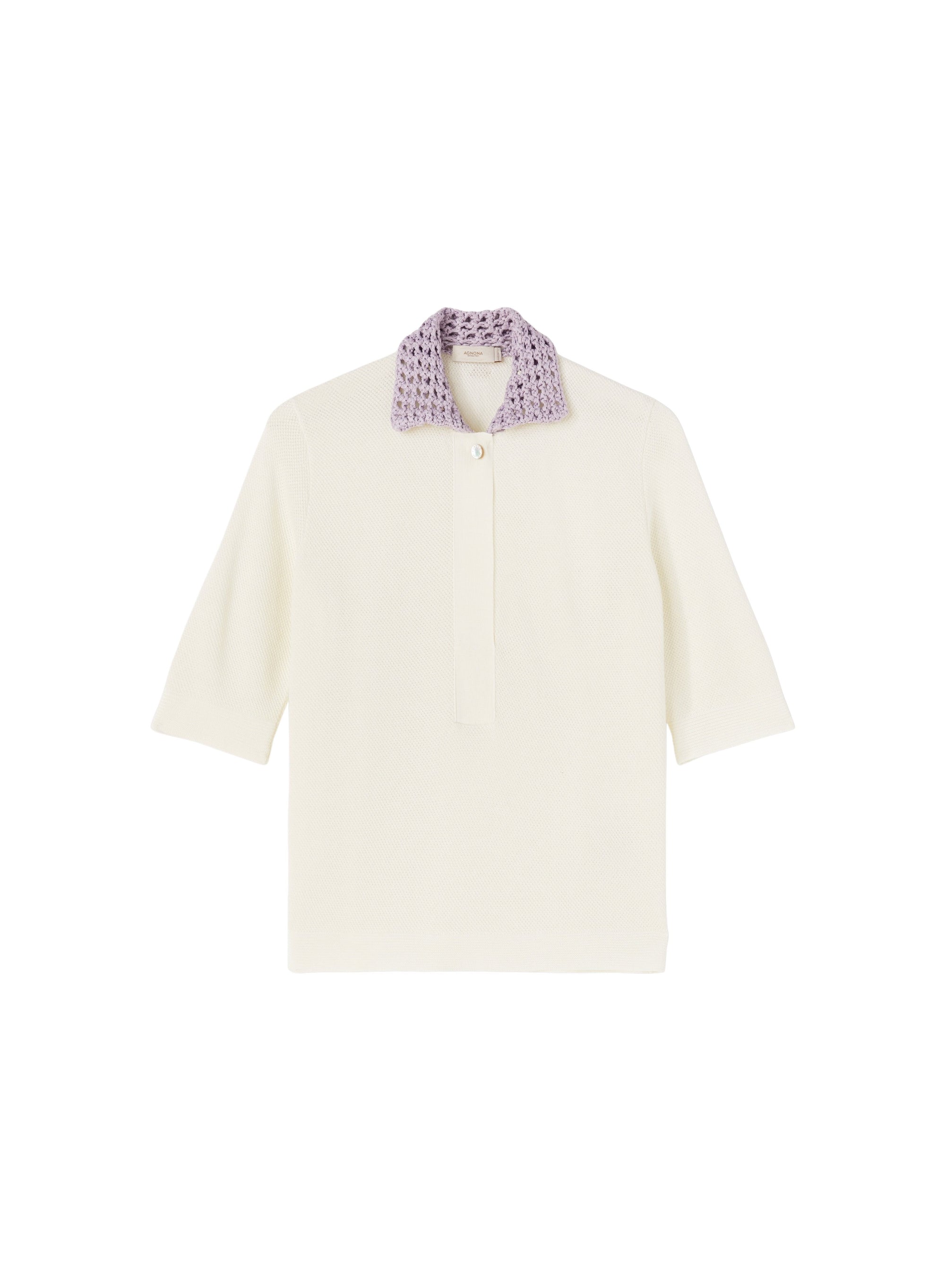 White_1QTY // Pull polo col crocheté ajouré en soie - White