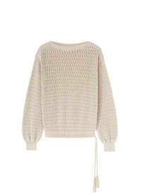 Openwork jumper with decorative wool tassels - Stone