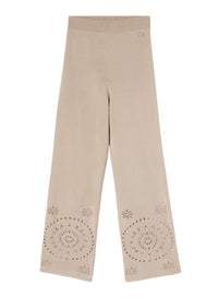 Wide-leg trousers with openwork silk floral hems - Sand